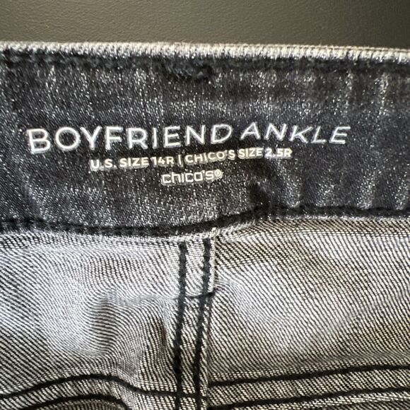 Chico’s Jeans 14 Charcoal Dark Wash Denim Boyfriend Ankle Leopard Patch Distress - Picture 8 of 13